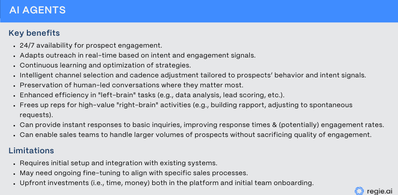Bulleted list of key benefits and limitations of AI Agents.