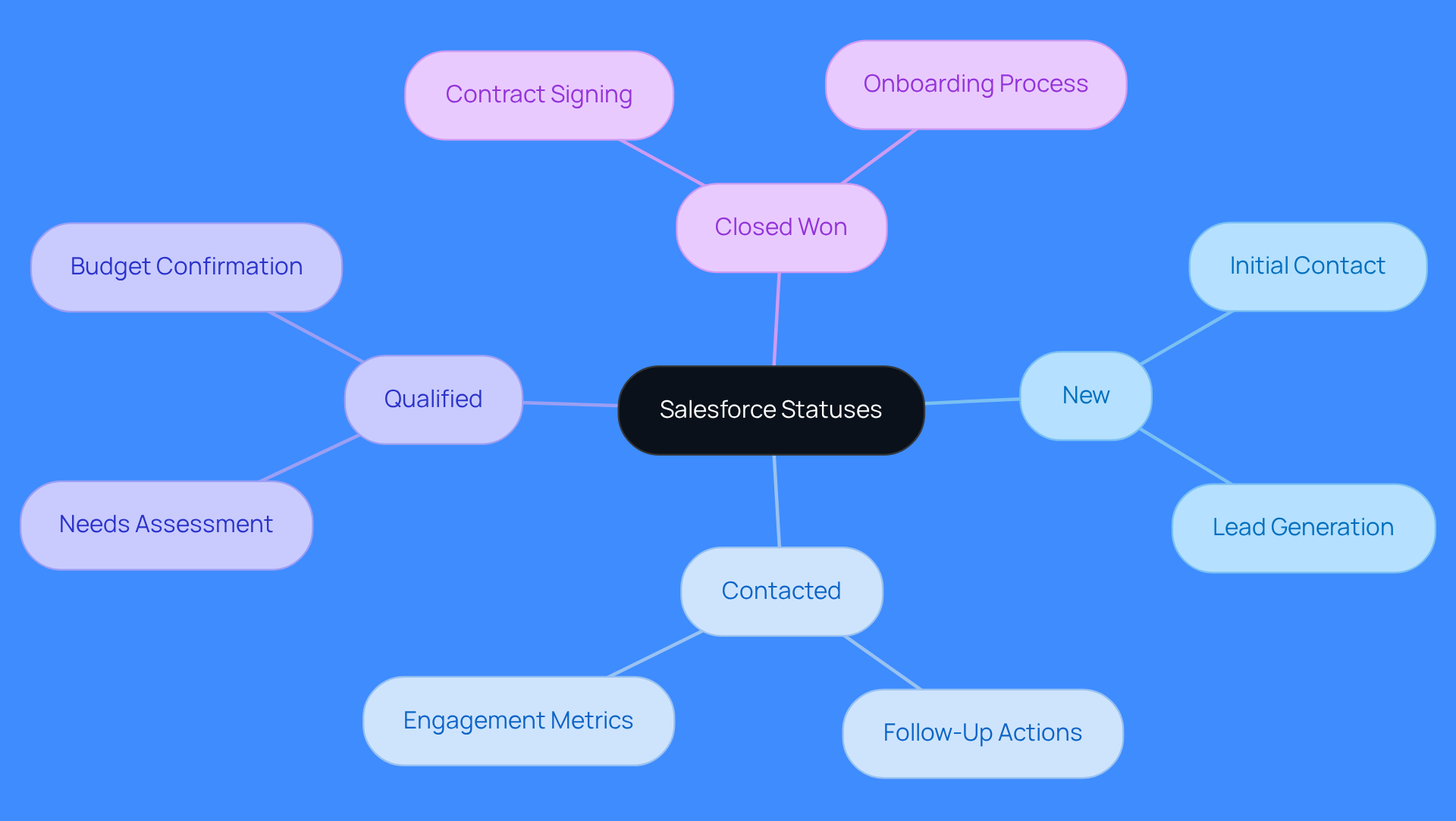 The central node represents Salesforce statuses, and each branch shows a different stage in the sales process. Follow the branches to understand how each status contributes to managing prospects effectively.