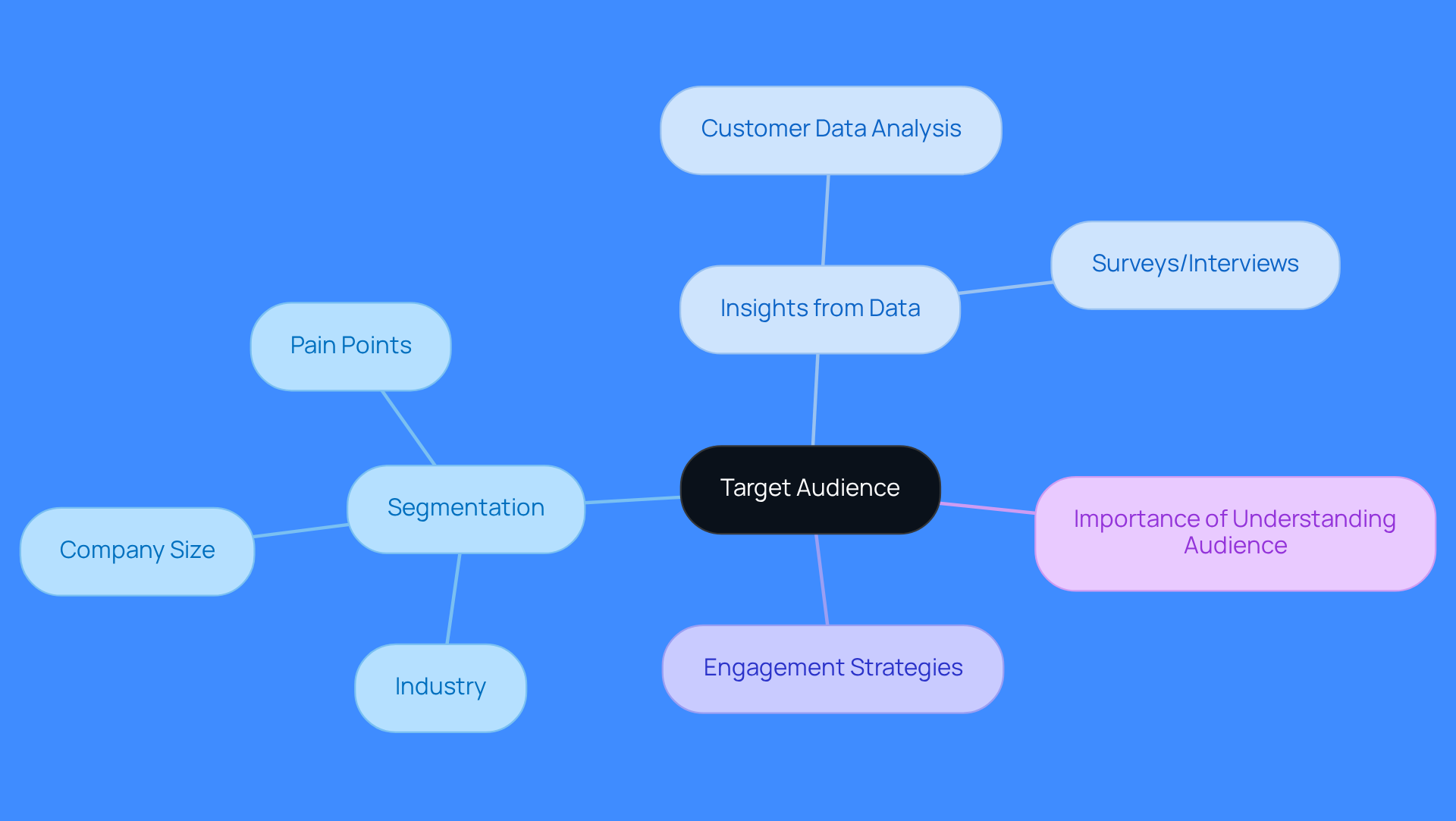 The central node represents the main focus on understanding your audience. Each branch shows different aspects of how to identify and engage with your target market, making it easier to see the connections and strategies involved.