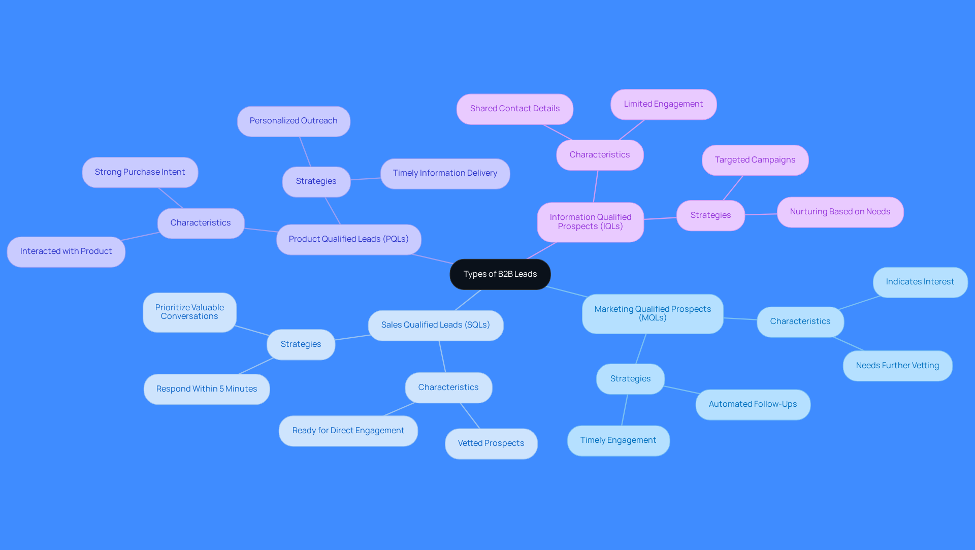 The central node represents the main topic of B2B leads, while each branch shows a specific type of lead. The sub-branches provide additional details about each lead type, helping you understand their unique characteristics and how they can be effectively engaged.