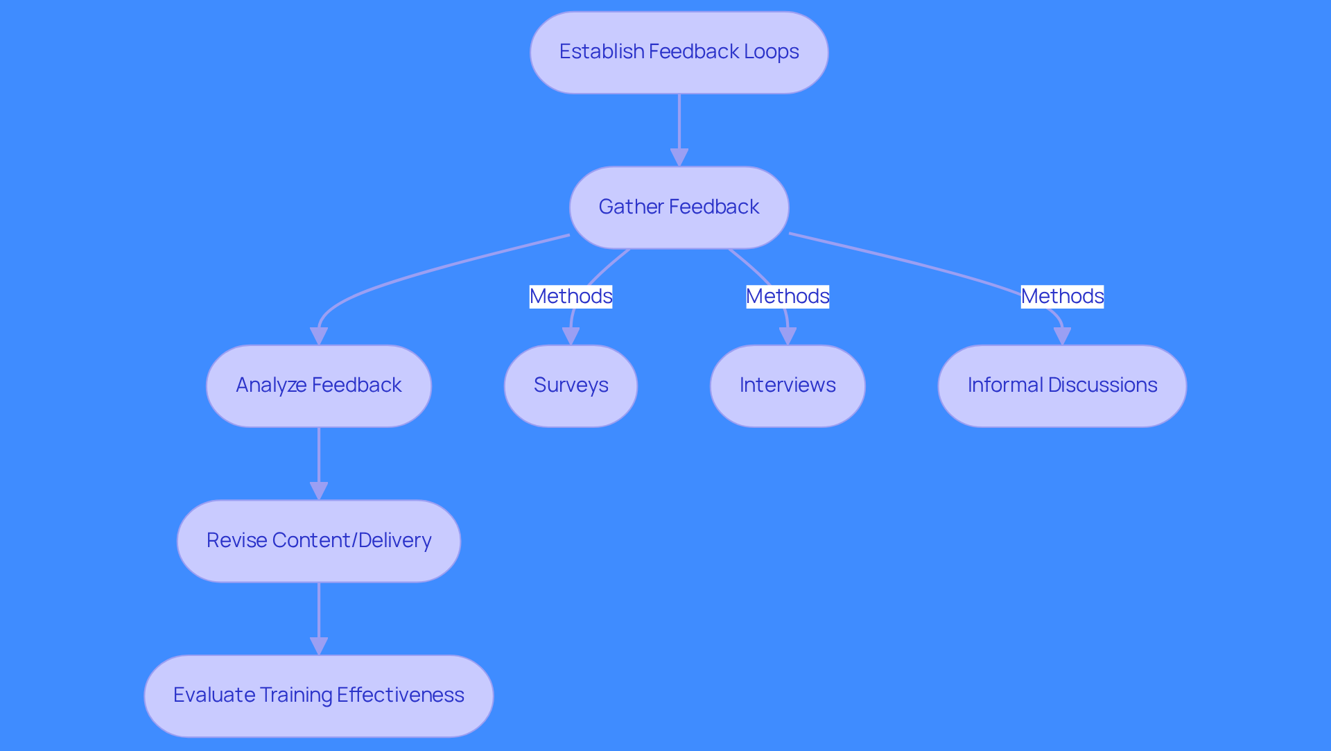 This flowchart illustrates the steps to create effective feedback loops. Start with gathering feedback, then analyze it, and finally revise your training based on what you learn. Each step is crucial for improving the training process and ensuring it meets the needs of participants.