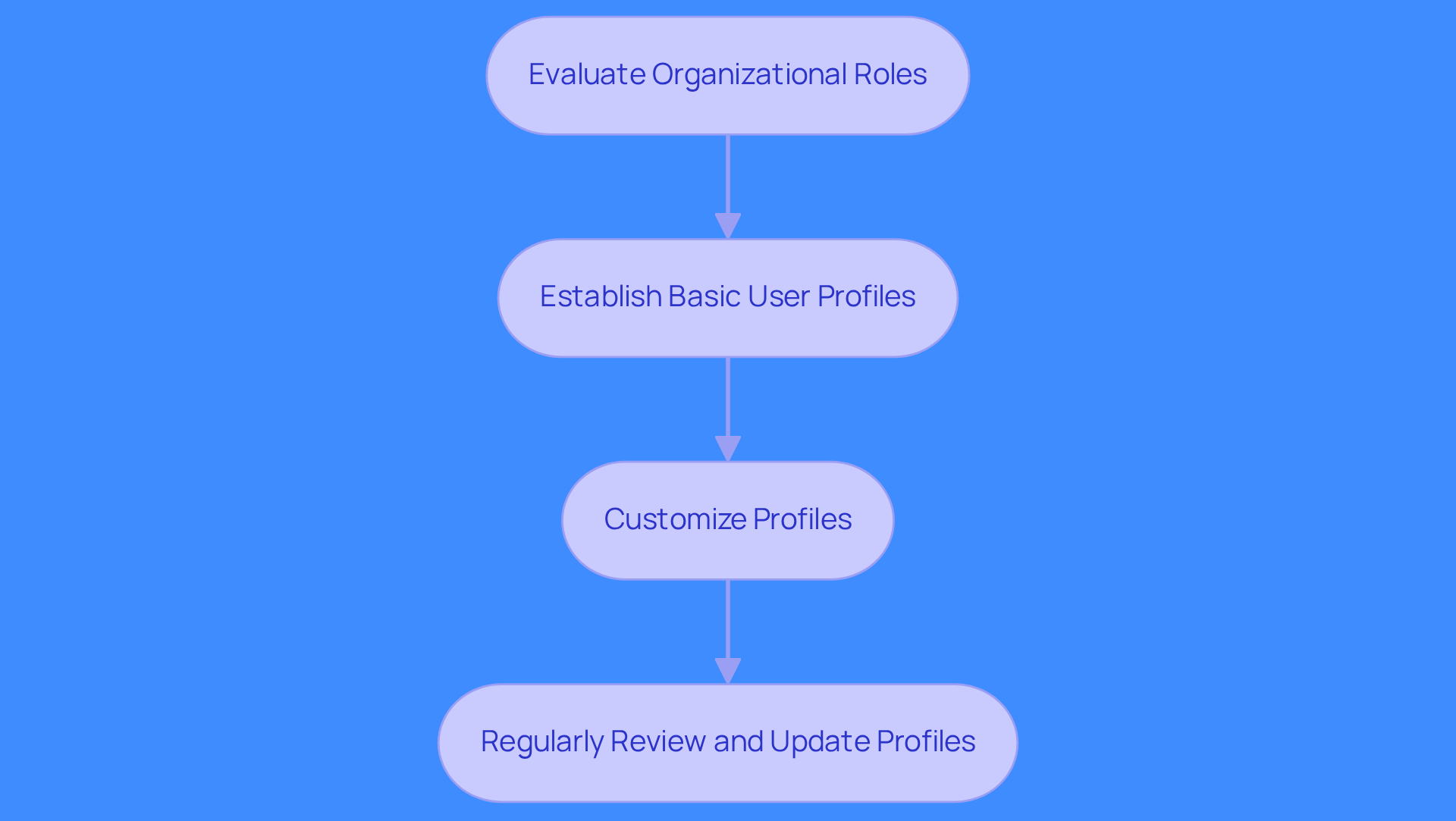 Each box represents a step in the process of defining user profiles. Follow the arrows to see how to move from evaluating roles to regularly updating profiles, ensuring effective access control in your organization.